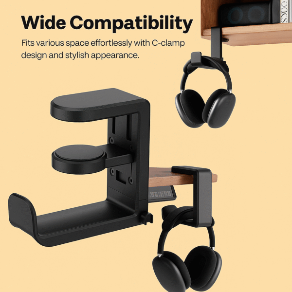 Black Rotating Headphone Stand with Cable Clip - Image 3