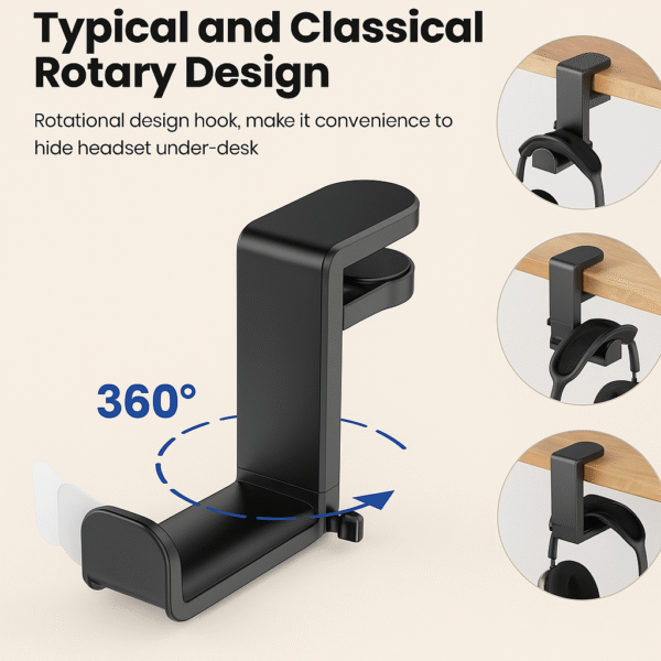 Black Rotating Headphone Stand with Cable Clip - Image 2