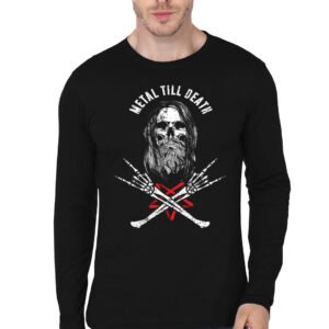 Rock Heavy Metal Till Death - Bearded Skull Metalhead Black T-Shirt